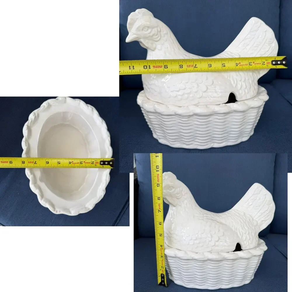 Hen On Nest Soup Tureen Pier 1 Ceramic White Chicken in Basket Serving FLAWED